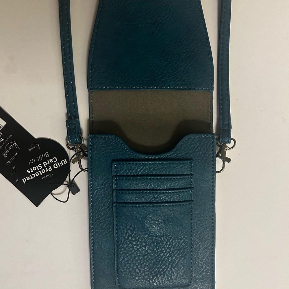 NWT K Carroll Teal Vegan Crossbody with RFID protection - Picture 2 of 4